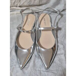 Nine West Wndaved3 Silver Strappy Pointy Toe Slingback Flat Shoe 9.5M NWOB